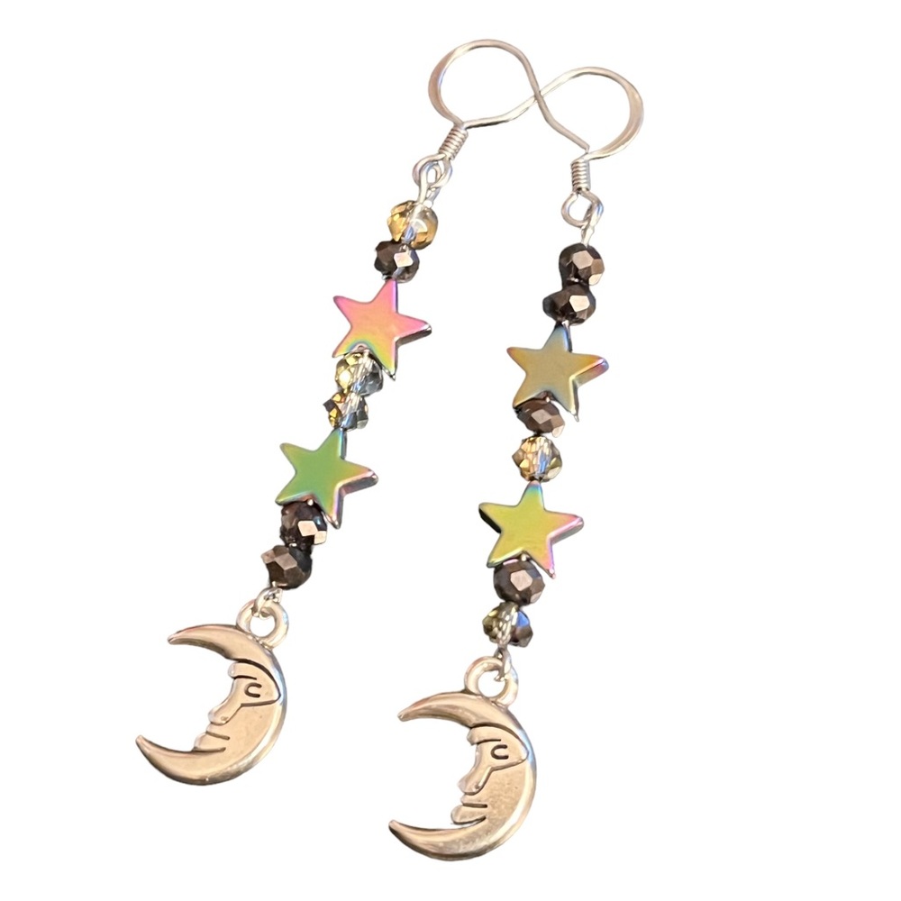 Handcrafted Gray glass hematite star earrings
